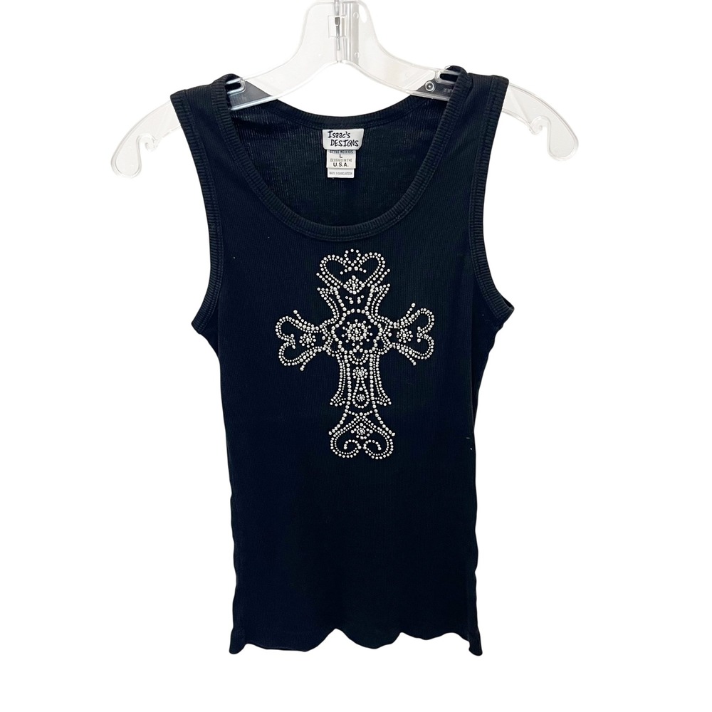 Isaacs Designs Womens Black Ribbed Rhinestone Cross Tank Top Y2K McBling LARGE
